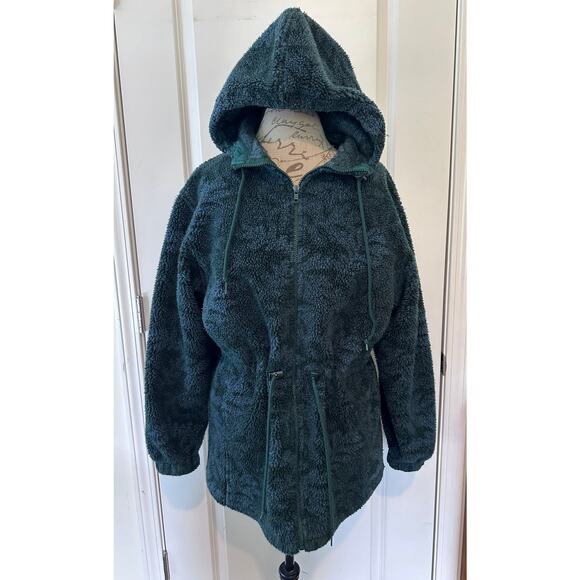 Vintage L.L. Bean Women's sz M Oak Leaf Print Green Blue Fleece Zip Up Hoodie - Picture 2 of 10